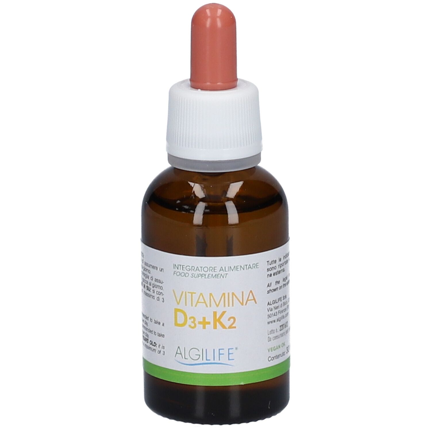 Flacon en verre brun avec compte-gouttes. Inscription: Vitamina D3+K2. ALGILIFE.