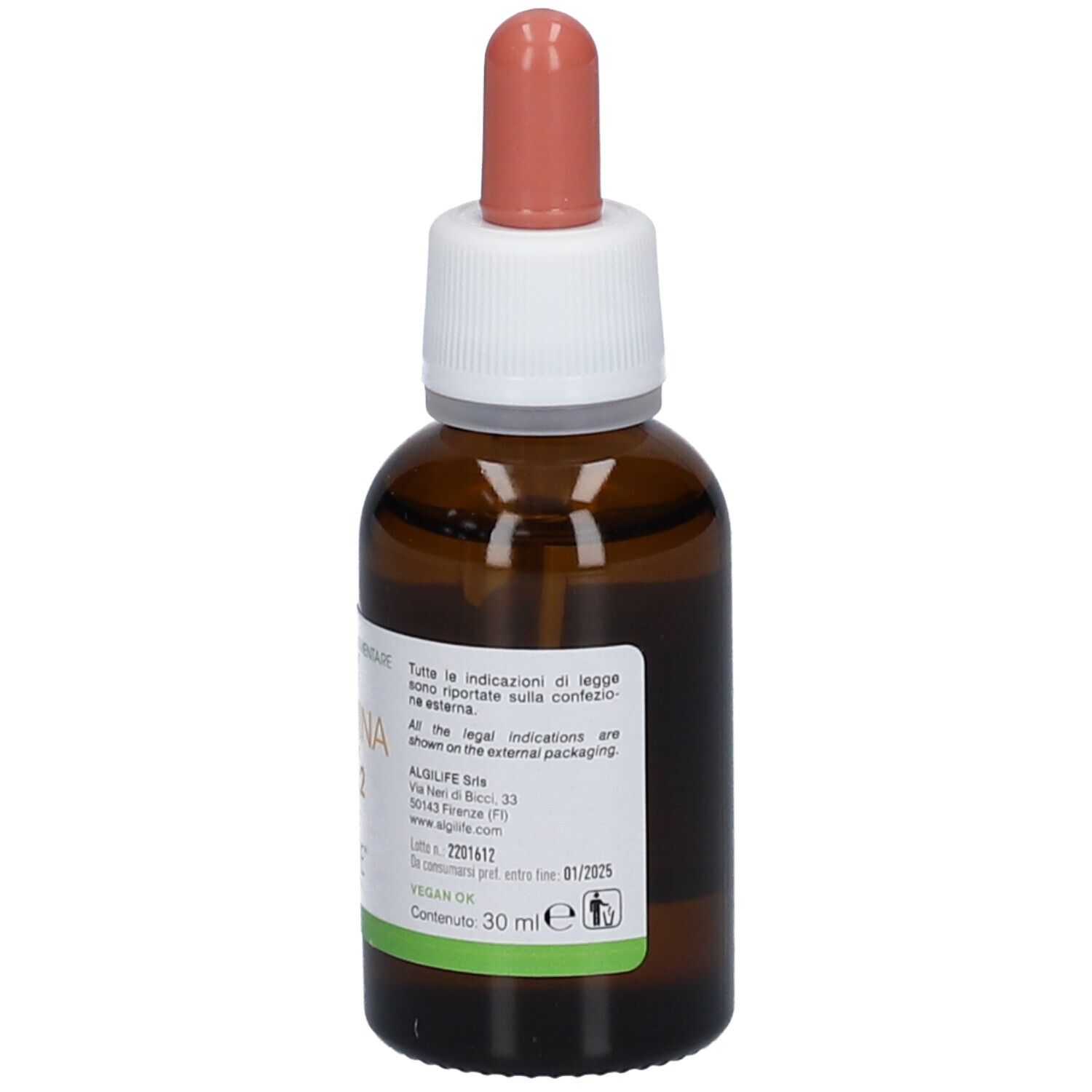 Flacon en verre brun avec compte-gouttes. Inscription: Vitamina D3+K2. ALGILIFE. 30 ml.