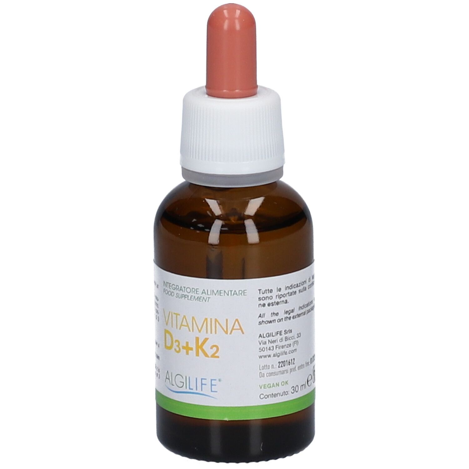 Flacon en verre brun avec compte-gouttes. Inscription: Vitamina D3+K2. ALGILIFE. 30 ml.