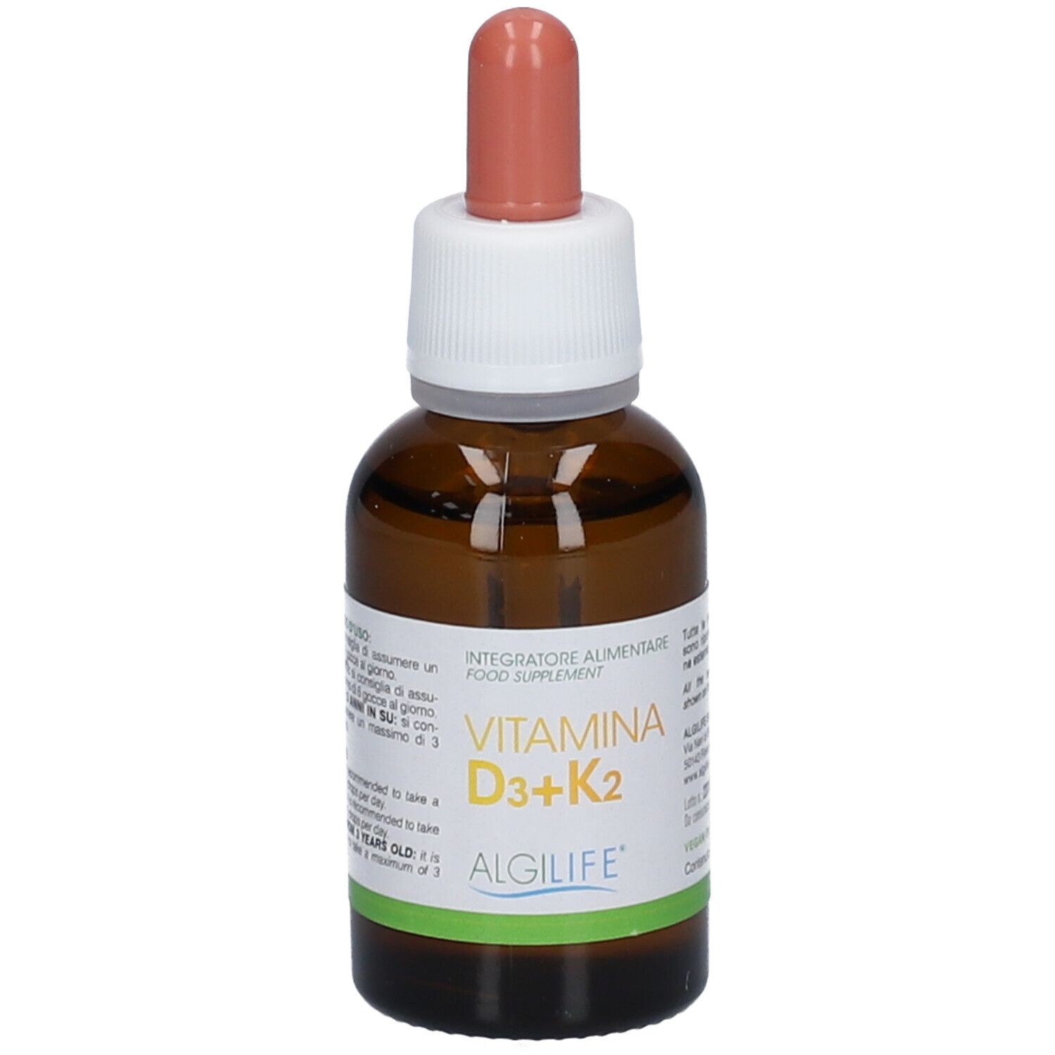 Flacon en verre brun avec compte-gouttes. Inscription: Vitamina D3+K2. ALGILIFE.