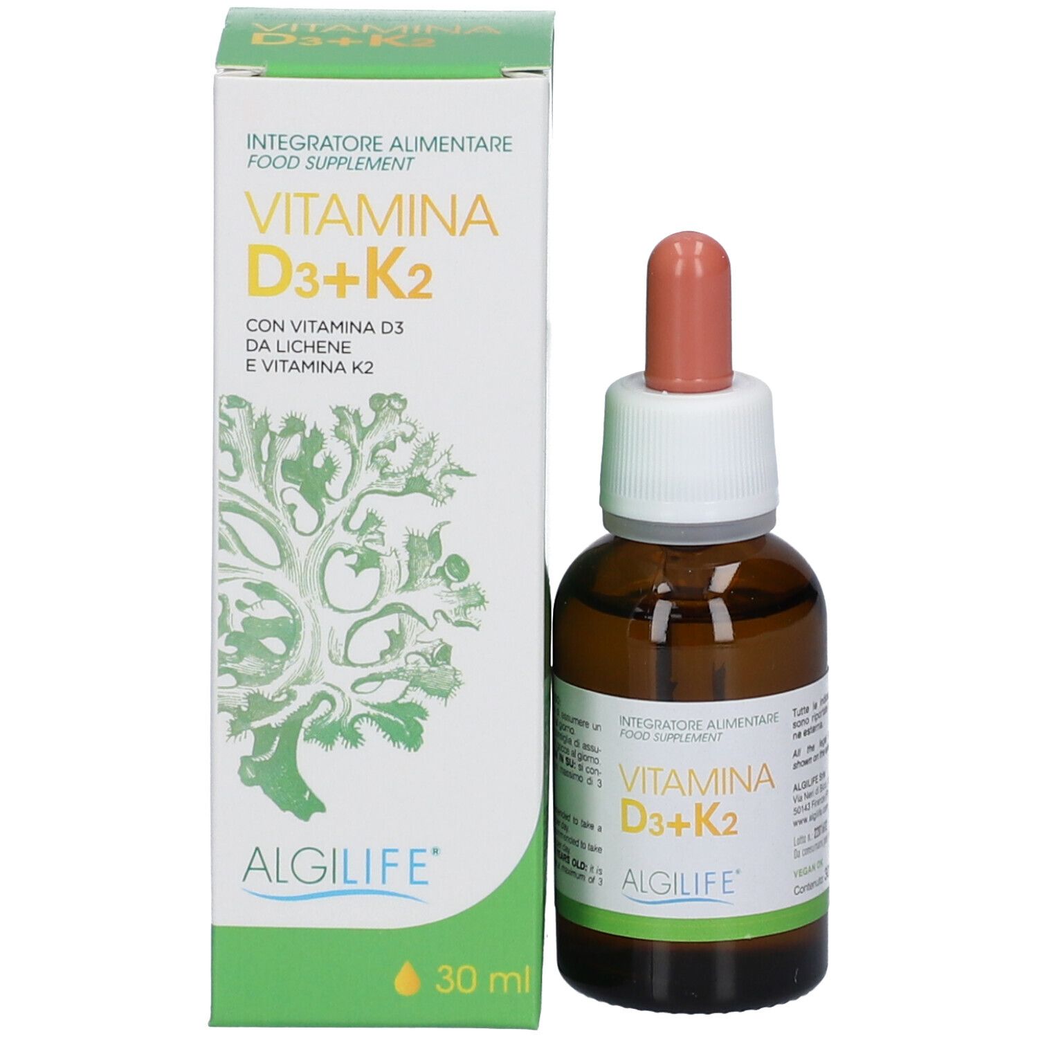 Flacon et emballage. Inscription: Vitamina D3+K2. ALGILIFE. 30 ml.