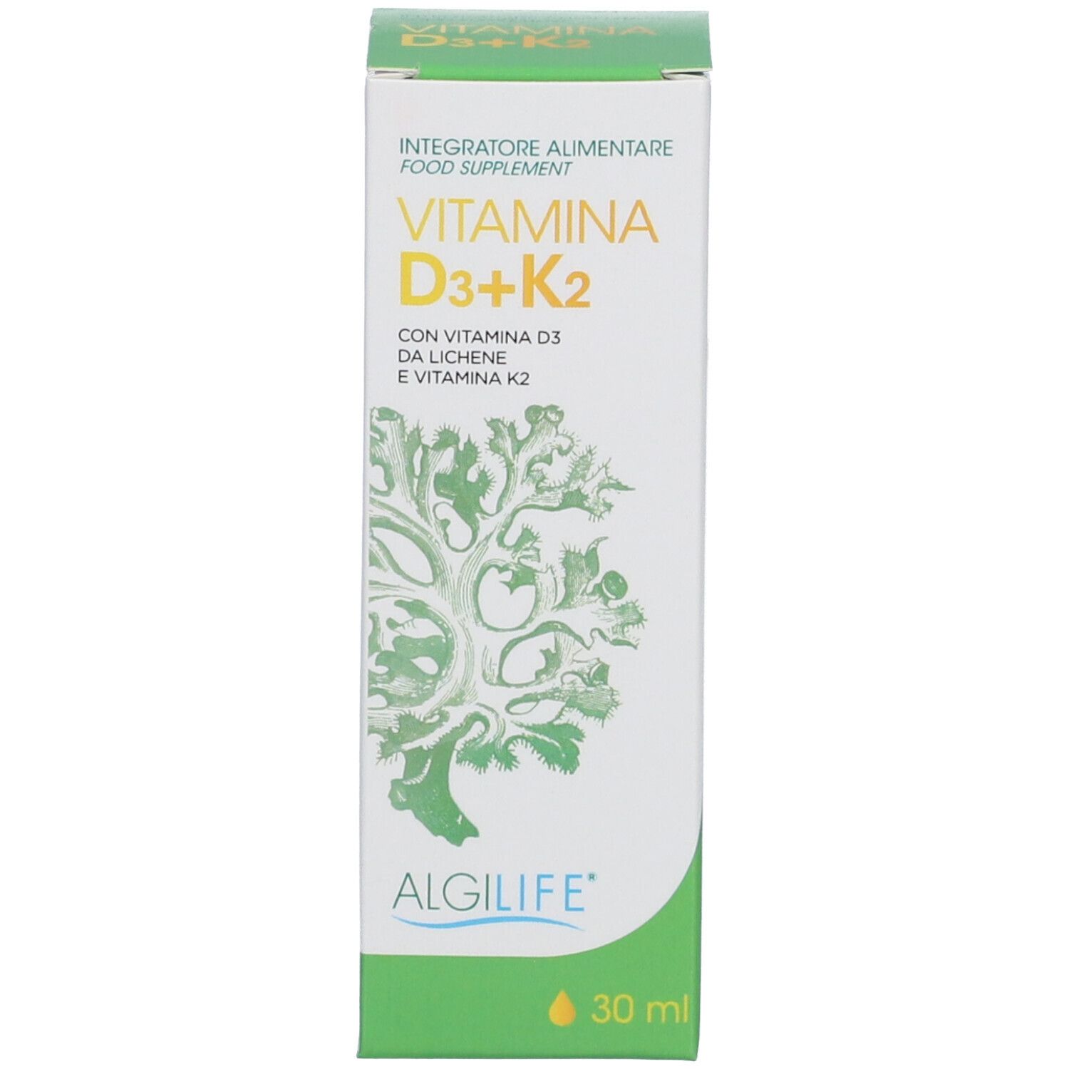 Emballage du produit. Inscription: Vitamina D3+K2. ALGILIFE. 30 ml.