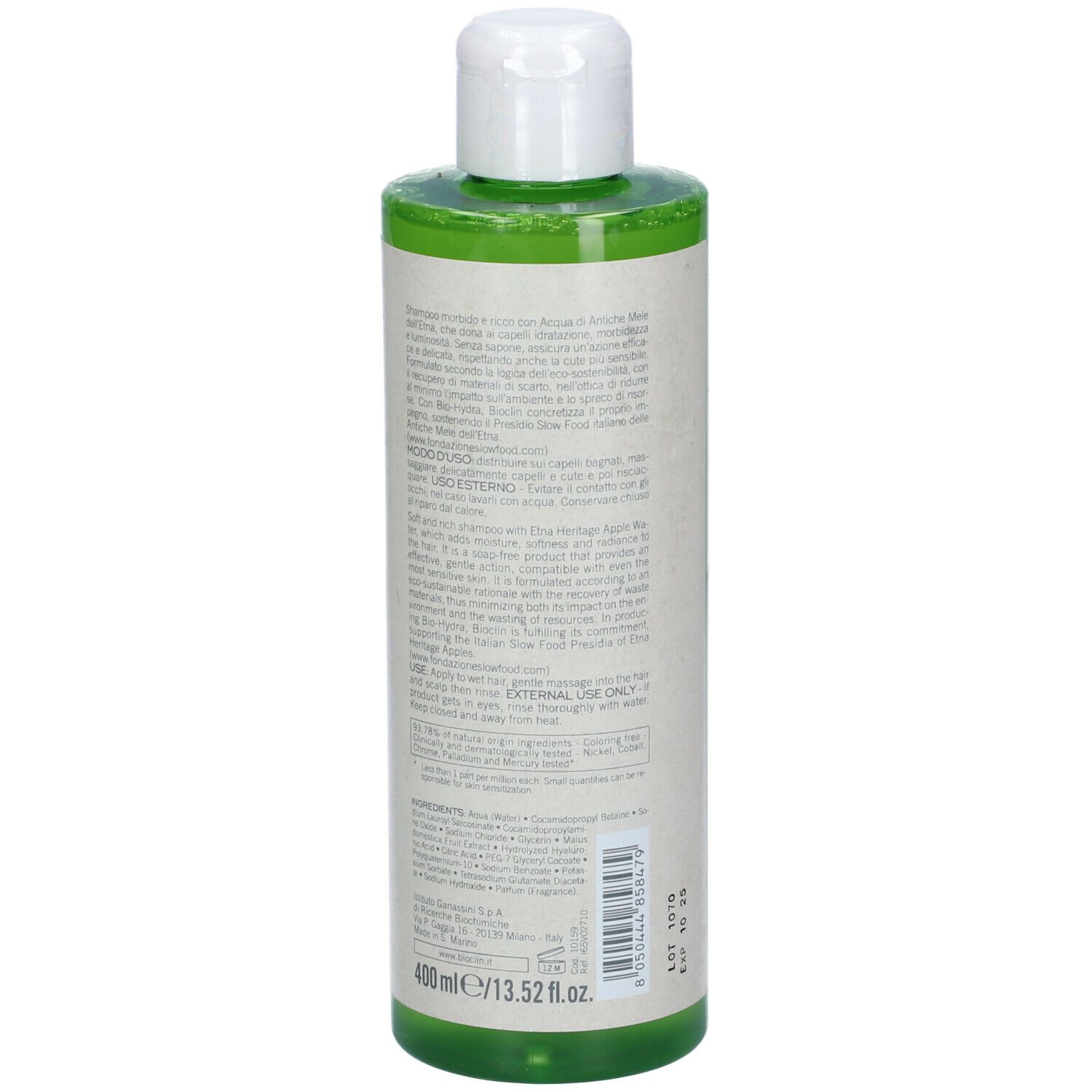 BIOCLIN Bio-Hydra Shampoo. Rückseite der grünen Flasche. Textabschnitte, Inhaltsstoffe und Gebrauchsanweisung. Weißer Hintergrund.