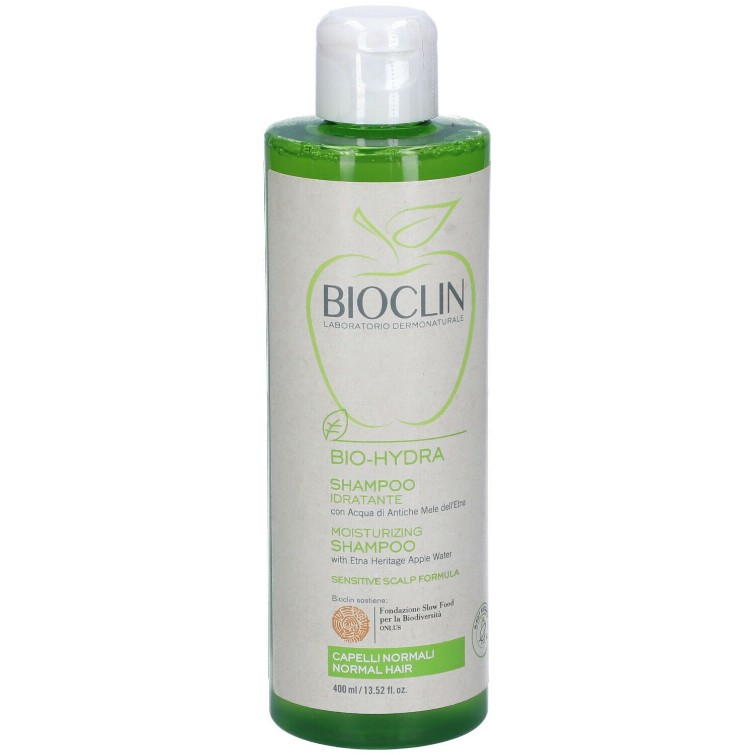 BIOCLIN Bio-Hydra Shampoo. Grüne Flasche mit weißem Deckel. Aufschrift: Shampoo, Bio-Hydra, Apfel-Logo. Für normales Haar.