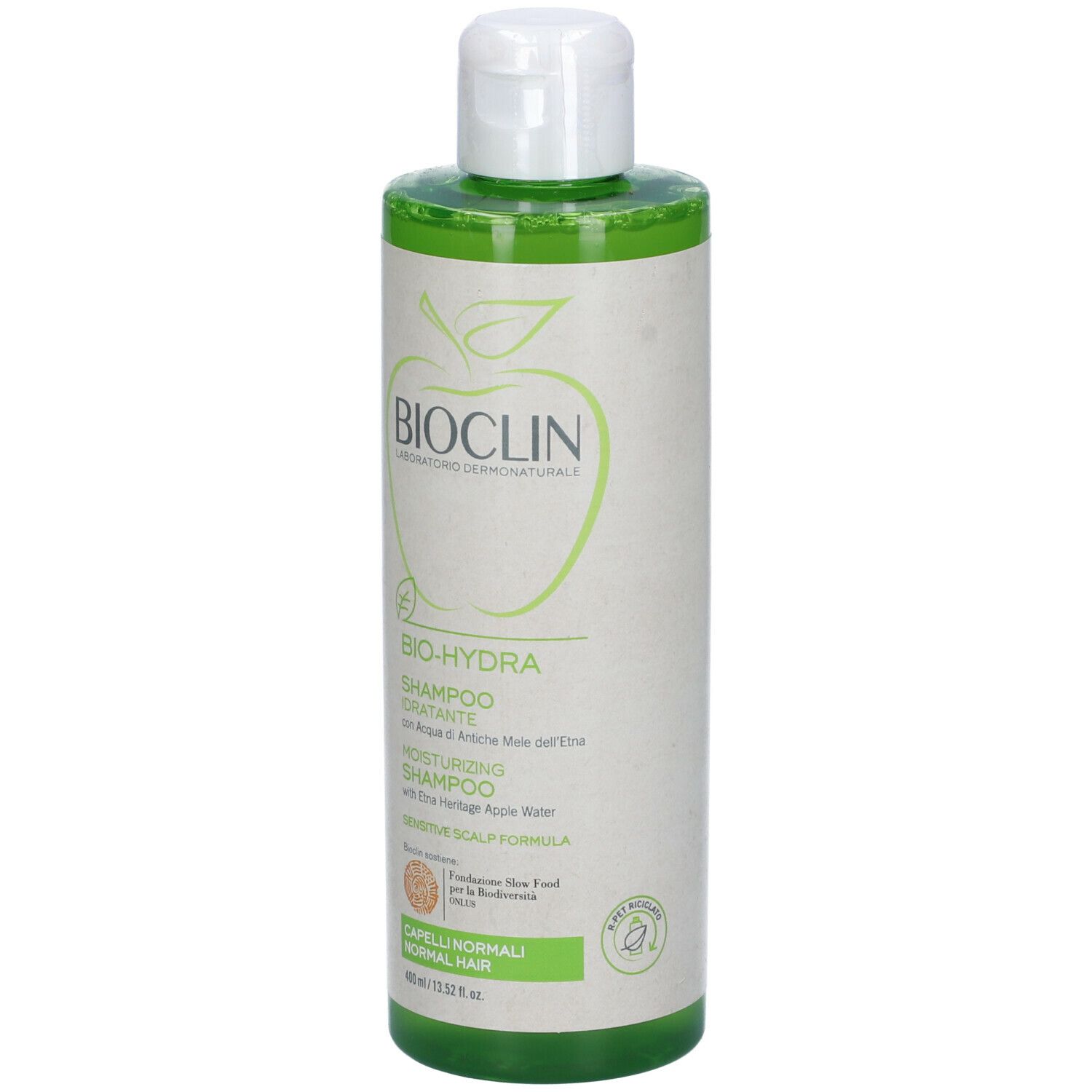 BIOCLIN Bio-Hydra Shampoo. Grüne Flasche mit weißem Deckel. Aufschrift: Shampoo, Bio-Hydra, Apfel-Logo. Für normales Haar.
