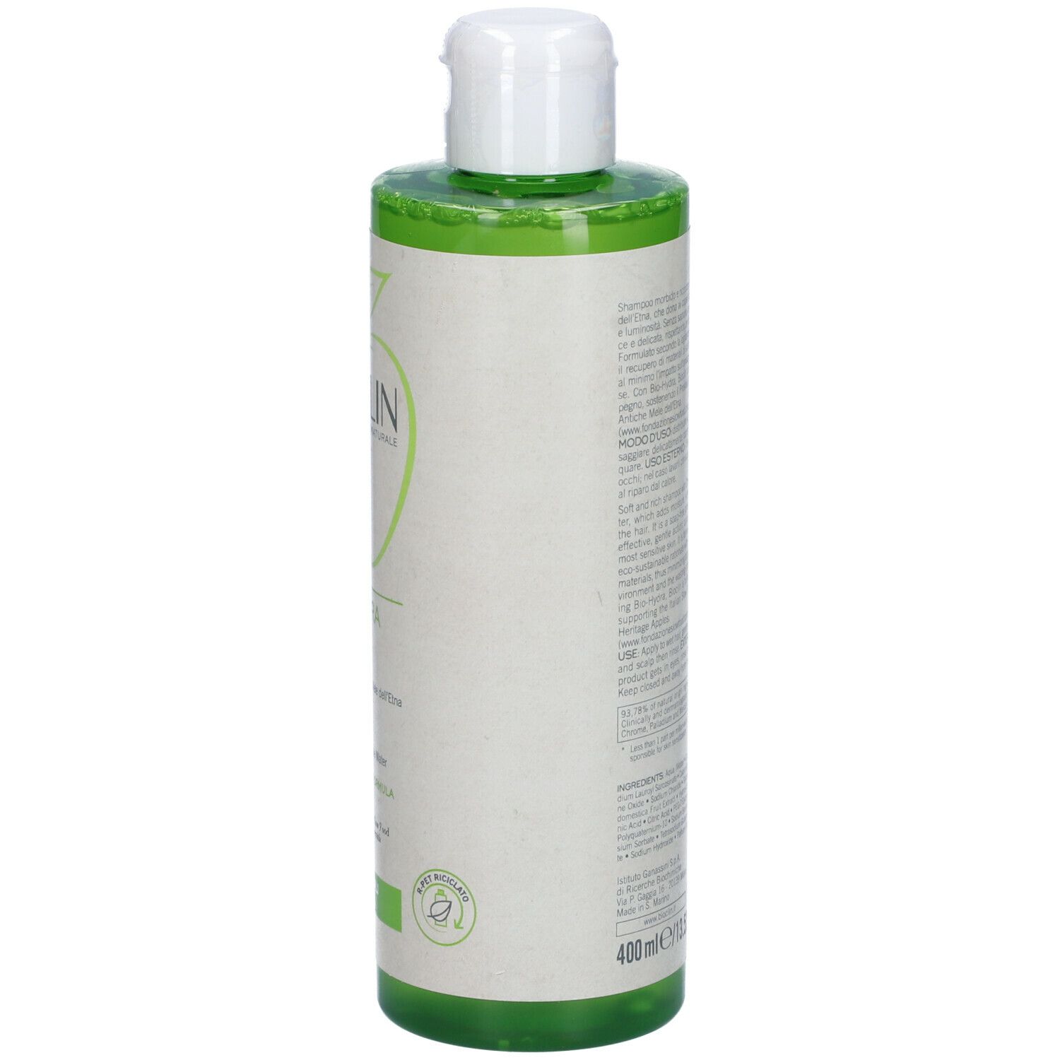 BIOCLIN Bio-Hydra Shampoo. Rückseite der grünen Flasche. Textabschnitte und Logo. Weißer Hintergrund.