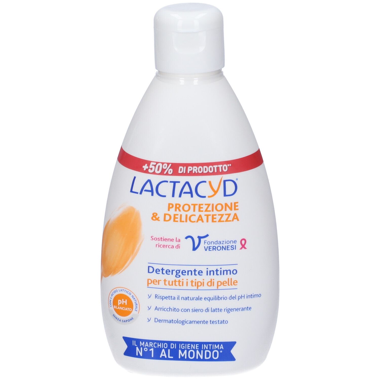 Flacon blanc avec bande rouge et nom du produit Laktacyd. Illustration orange. Texte : Protection & Délicatesse, pH, Fondation Veronesi.