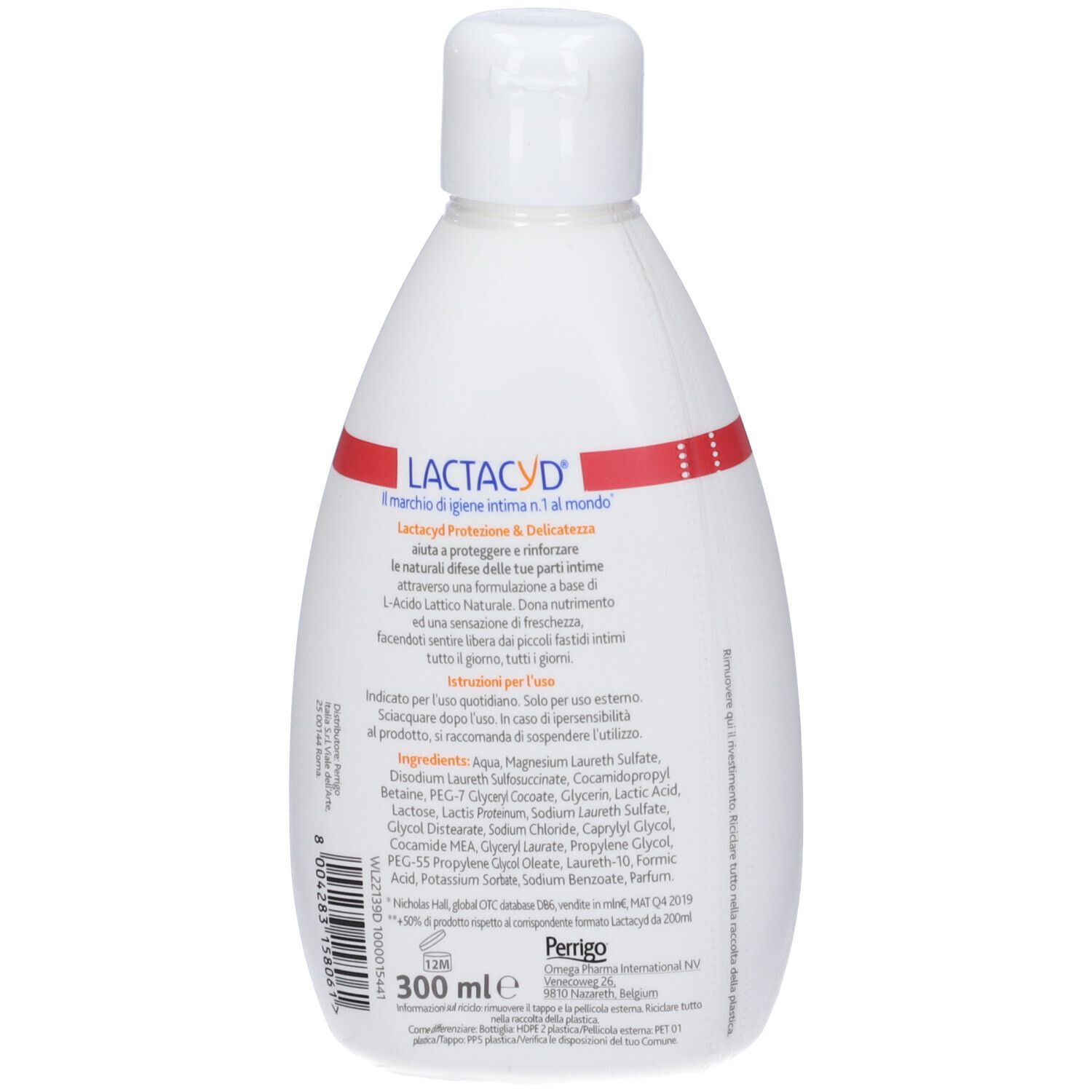 Flacon blanc avec bande rouge et nom du produit Laktacyd. Texte : Protection & Délicatesse, ingrédients, 300 ml, pH, testé dermatologiquement.