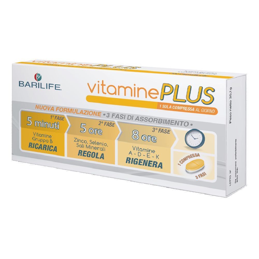Weißer Karton mit Barilife Vitamine Plus. Gelbe Akzente. Text: Vitamine Plus, 3 Phasen der Absorption, 1 Tablette pro Tag.