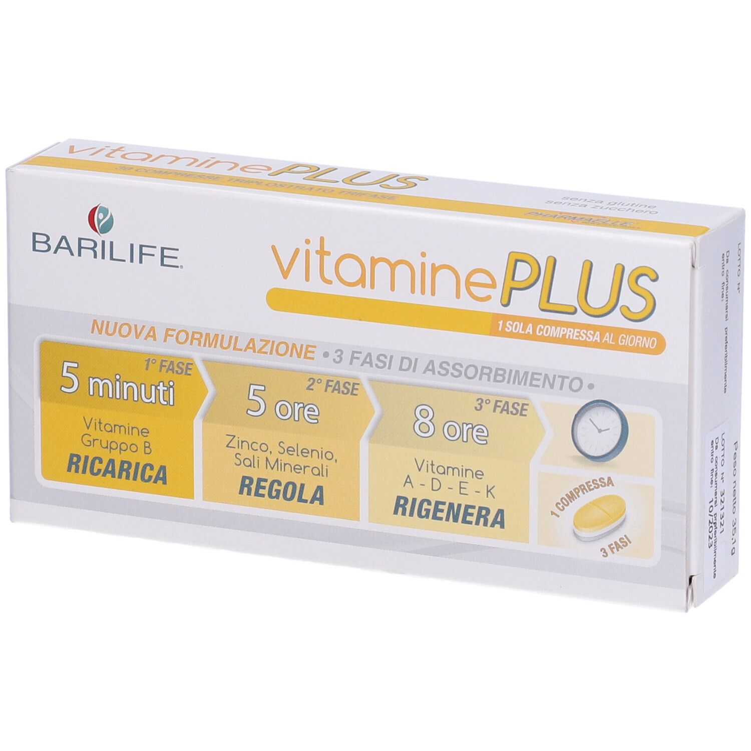 Weißer Karton mit Barilife Vitamine Plus. Gelbe Akzente. Text: Vitamine Plus, 3 Phasen der Absorption, 1 Tablette pro Tag.