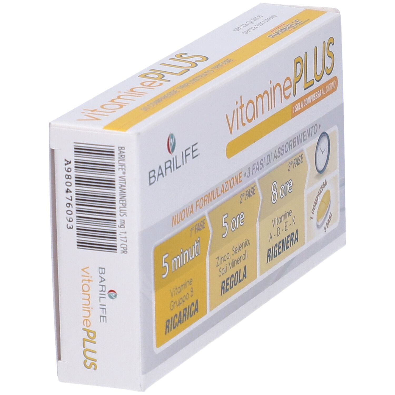 Weißer Karton mit Barilife Vitamine Plus. Gelbe Akzente. Text: Vitamine Plus, 3 Phasen der Absorption, 1 Tablette pro Tag.