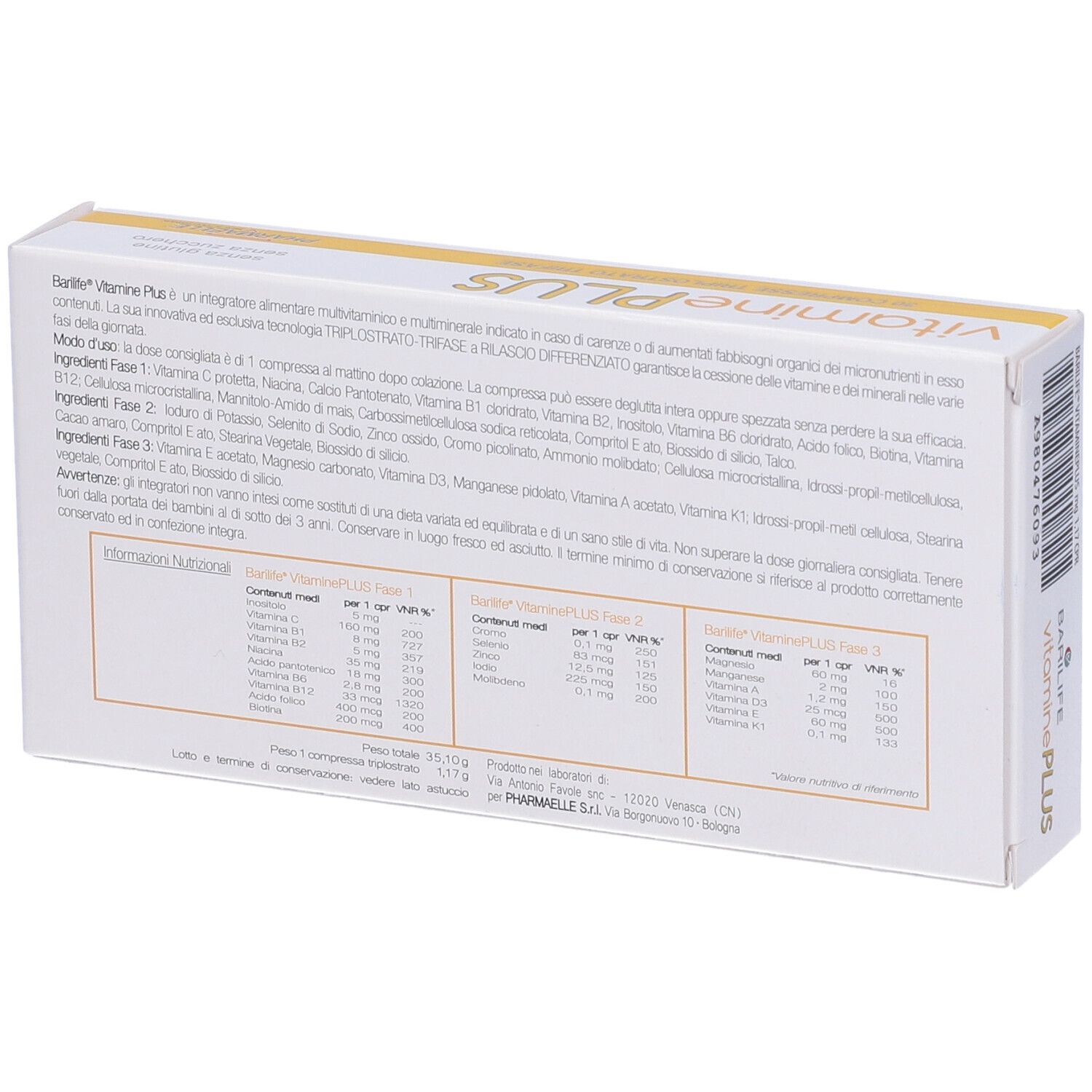 Rückseite des weißen Kartons mit Barilife Vitamine Plus. Text: Inhaltsstoffe, Nährwertangaben, Herstellerinformationen.