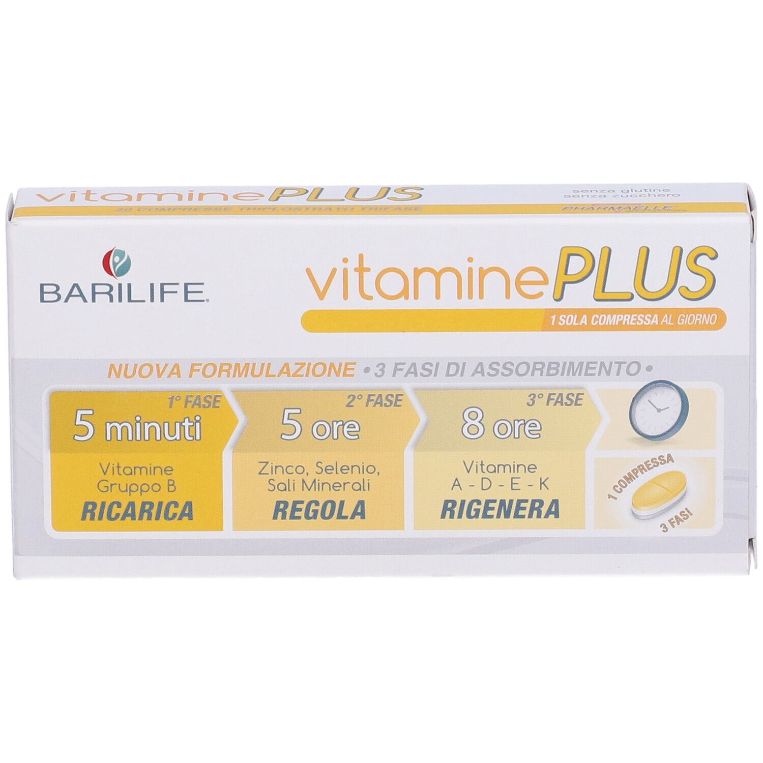 Weißer Karton mit Barilife Vitamine Plus. Gelbe Akzente. Text: Vitamine Plus, 3 Phasen der Absorption, 1 Tablette pro Tag.