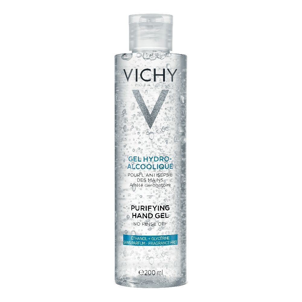 Transparente Flasche mit blau-weißem Etikett. Aufschrift: VICHY, Gel Hydro-Alcoolique, Purifying Hand Gel.