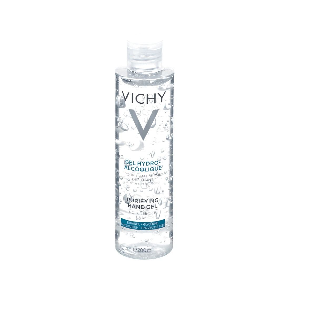 Transparente Flasche mit blau-weißem Etikett. Aufschrift: VICHY, Gel Hydro-Alcoolique, Purifying Hand Gel.