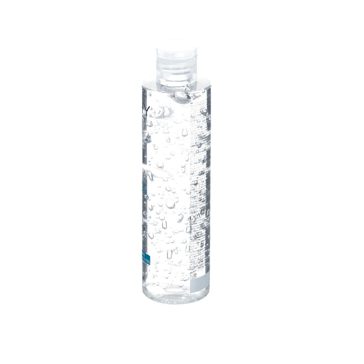 Transparente Flasche mit blau-weißem Etikett. Aufschrift: VICHY, Gel Hydro-Alcoolique, Purifying Hand Gel.
