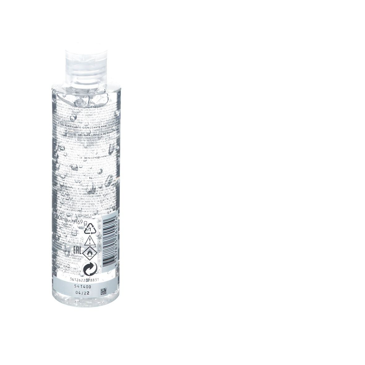 Transparente Flasche mit blau-weißem Etikett. Aufschrift: VICHY, Gel Hydro-Alcoolique, Purifying Hand Gel.