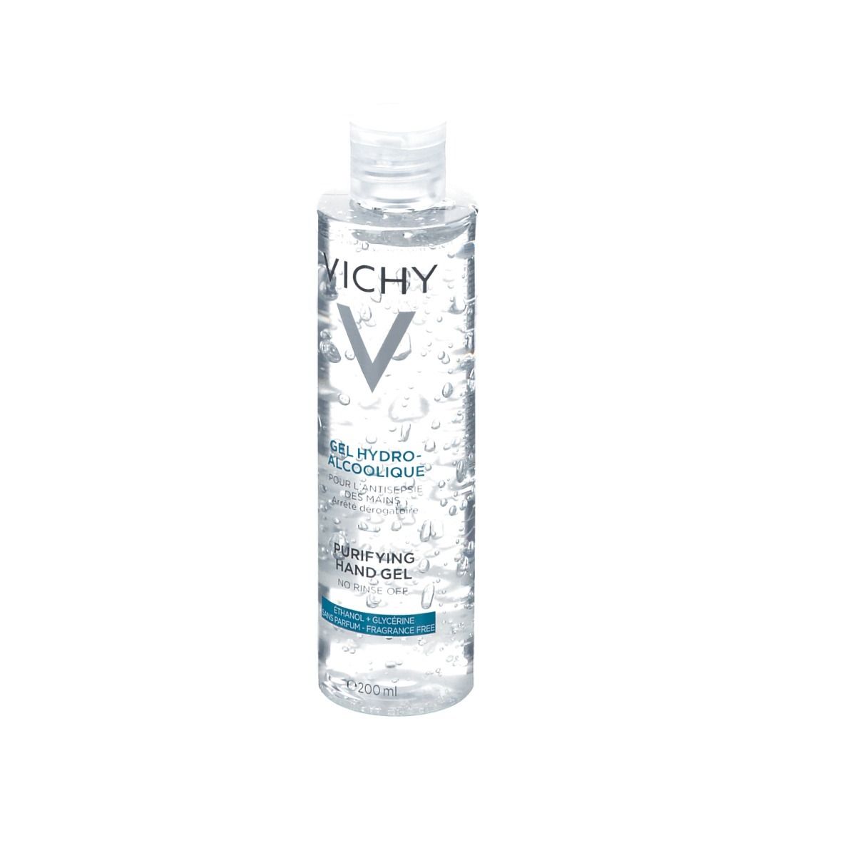 Transparente Flasche mit blau-weißem Etikett. Aufschrift: VICHY, Gel Hydro-Alcoolique, Purifying Hand Gel.