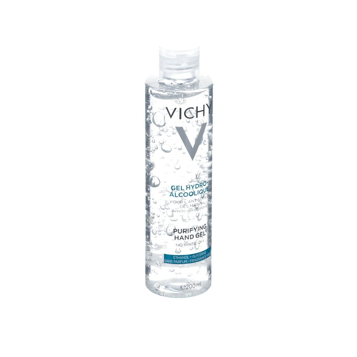 Transparente Flasche mit blau-weißem Etikett. Aufschrift: VICHY, Gel Hydro-Alcoolique, Purifying Hand Gel.