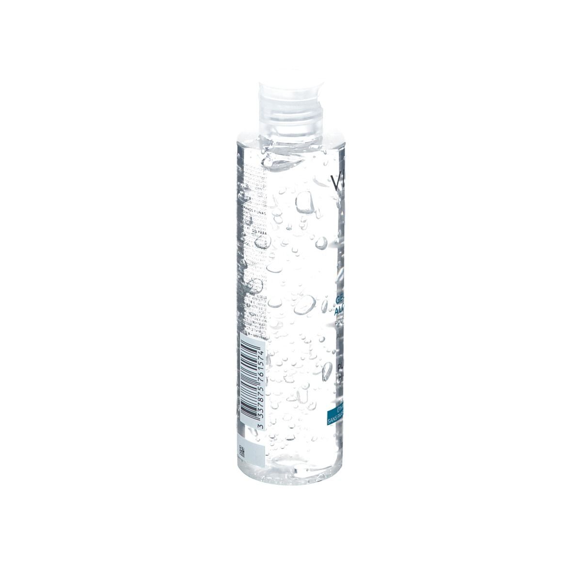 Transparente Flasche mit blau-weißem Etikett. Aufschrift: VICHY, Gel Hydro-Alcoolique, Purifying Hand Gel.