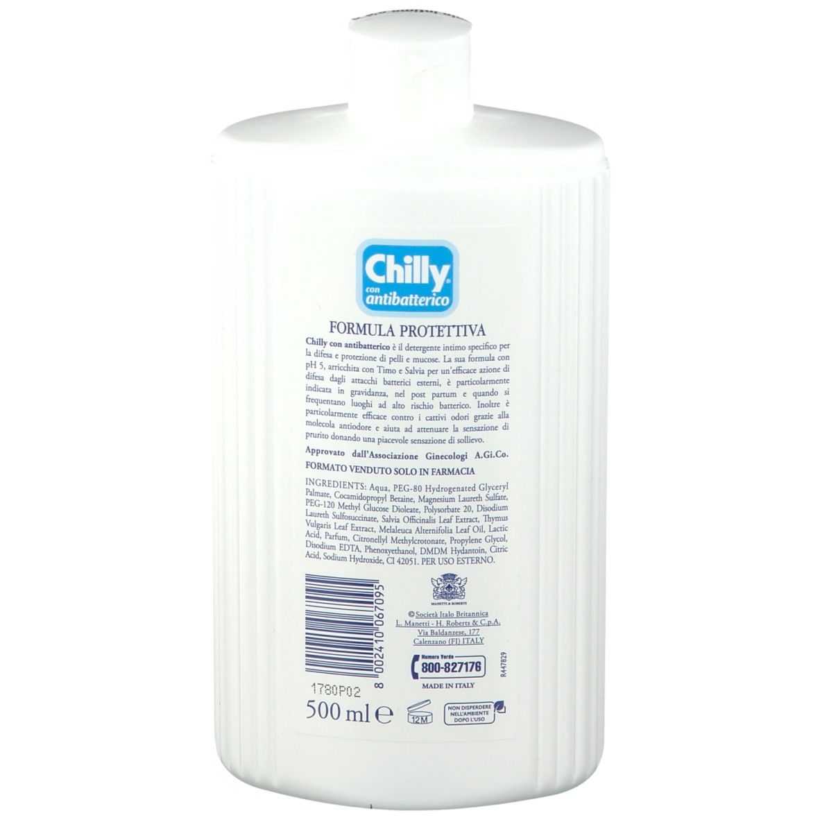 Weiße Flasche, Rückseite. Text: Chilly Antibakteriell, Formel, Inhaltsstoffe, Barcode. Aufschrift: 500 ml.