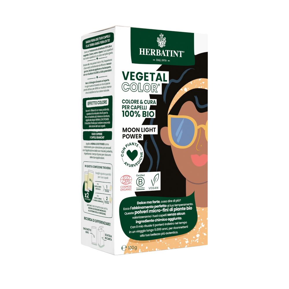 Boîte HERBATINT VEGETAL COLOR. Contient image du produit, texte et logos. 100% BIO, vegan, avec plantes. Moon Light Power.