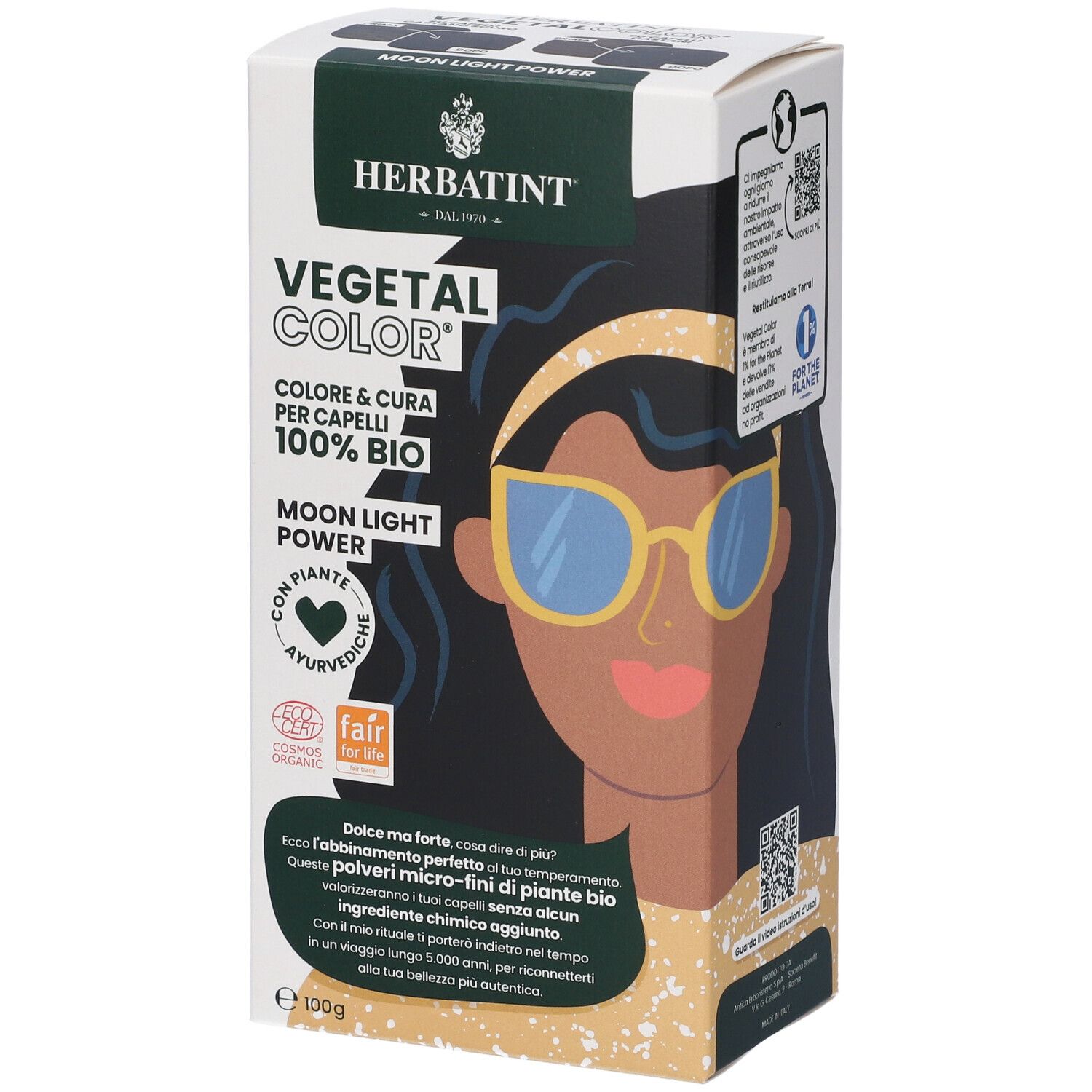 Boîte de HERBATINT® VEGETAL COLOR® Moon Light Power. Illustration d'une femme avec des lunettes. Texte: VEGETAL COLOR, 100% BIO.