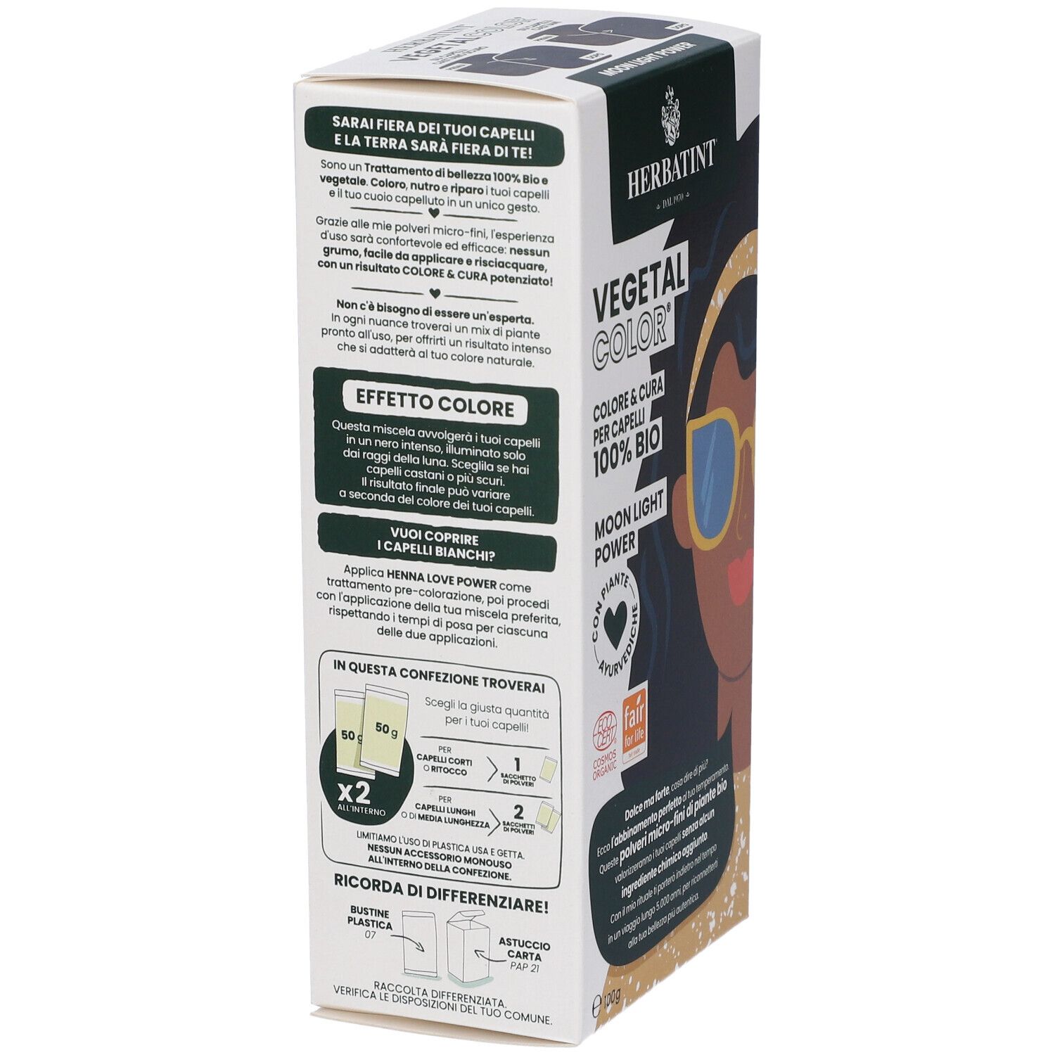 Dos de la boîte HERBATINT® VEGETAL COLOR® Moon Light Power. Texte sur les ingrédients et l'utilisation. Contient deux sachets.