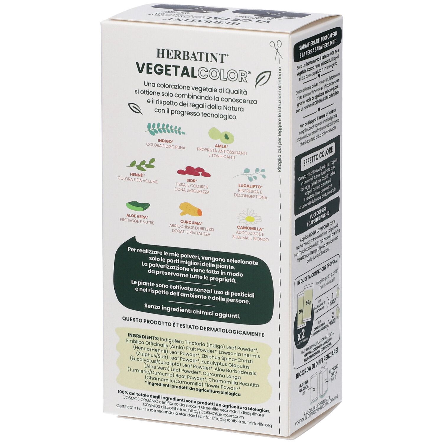 Côté de la boîte HERBATINT® VEGETAL COLOR® Moon Light Power. Texte sur les ingrédients et les certifications. Illustrations de plantes.