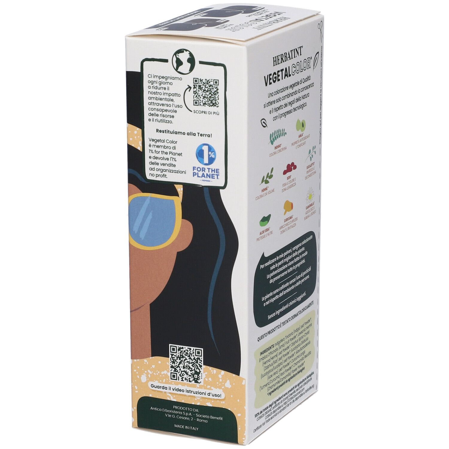 Côté de la boîte HERBATINT® VEGETAL COLOR® Moon Light Power. Codes QR et texte sur la durabilité et l'environnement.
