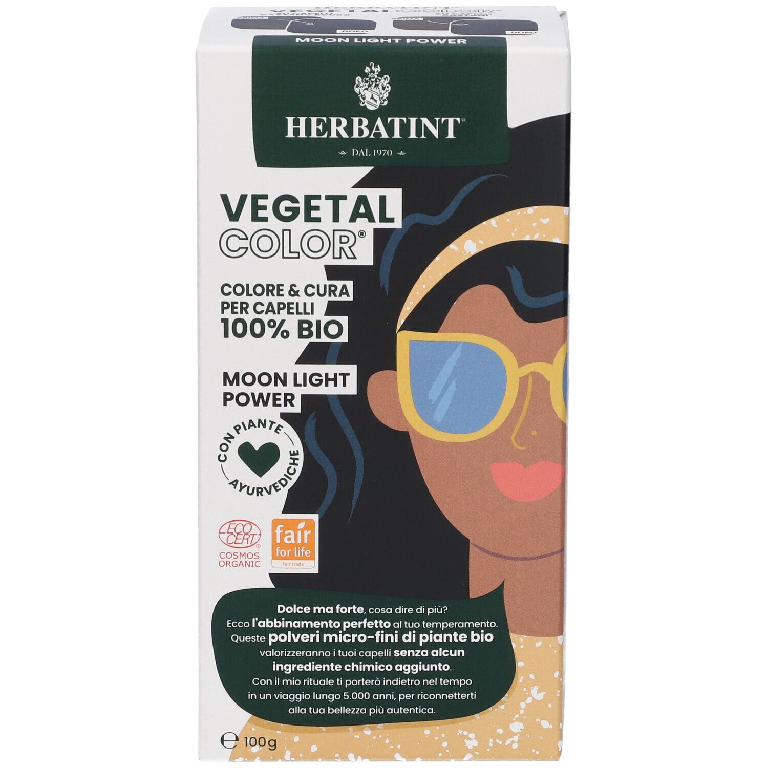 Boîte HERBATINT® VEGETAL COLOR® Moon Light Power. Illustration d'une femme avec des lunettes. Texte: VEGETAL COLOR, 100% BIO.