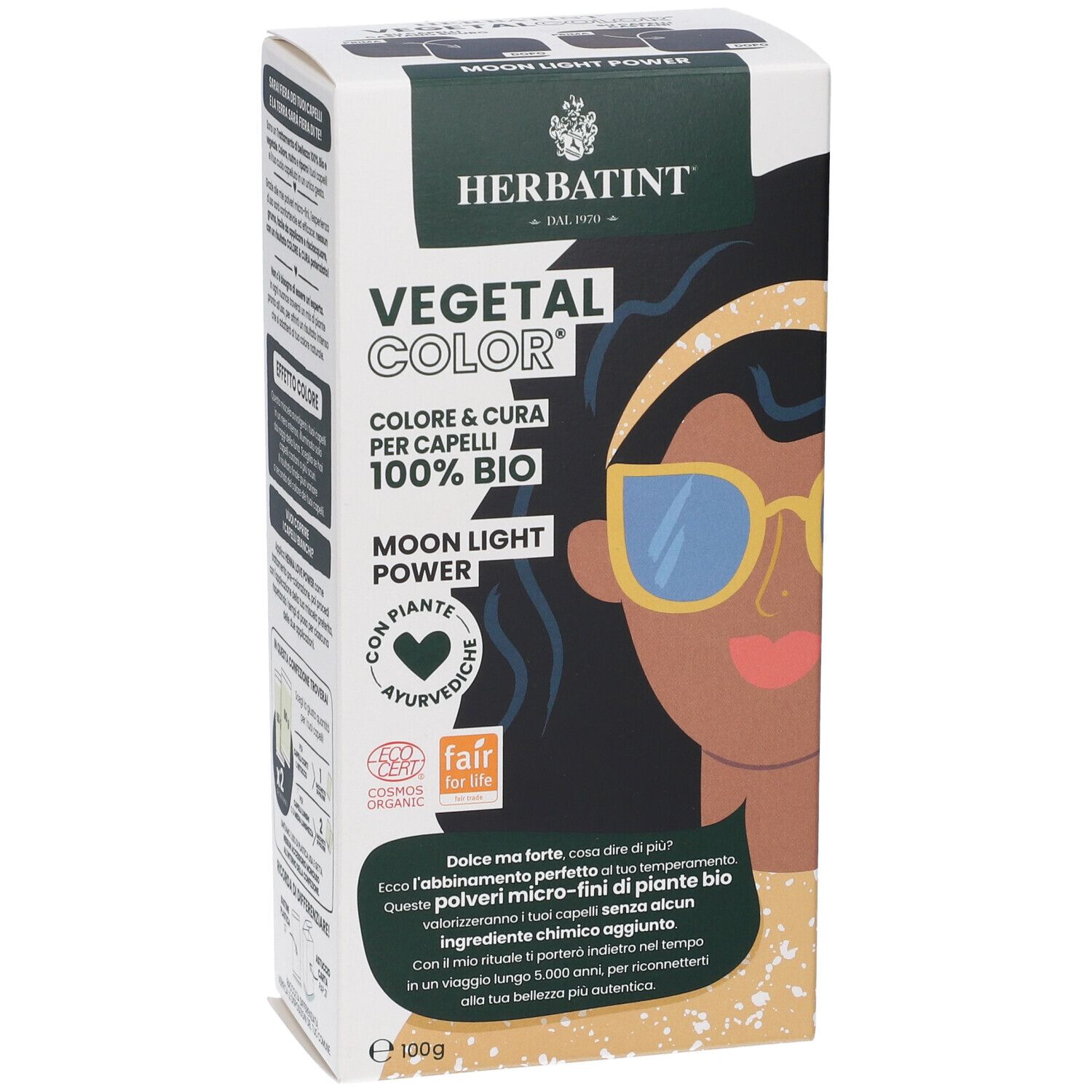 Boîte HERBATINT® VEGETAL COLOR® Moon Light Power. Illustration d'une femme avec des lunettes. Texte: VEGETAL COLOR, 100% BIO.