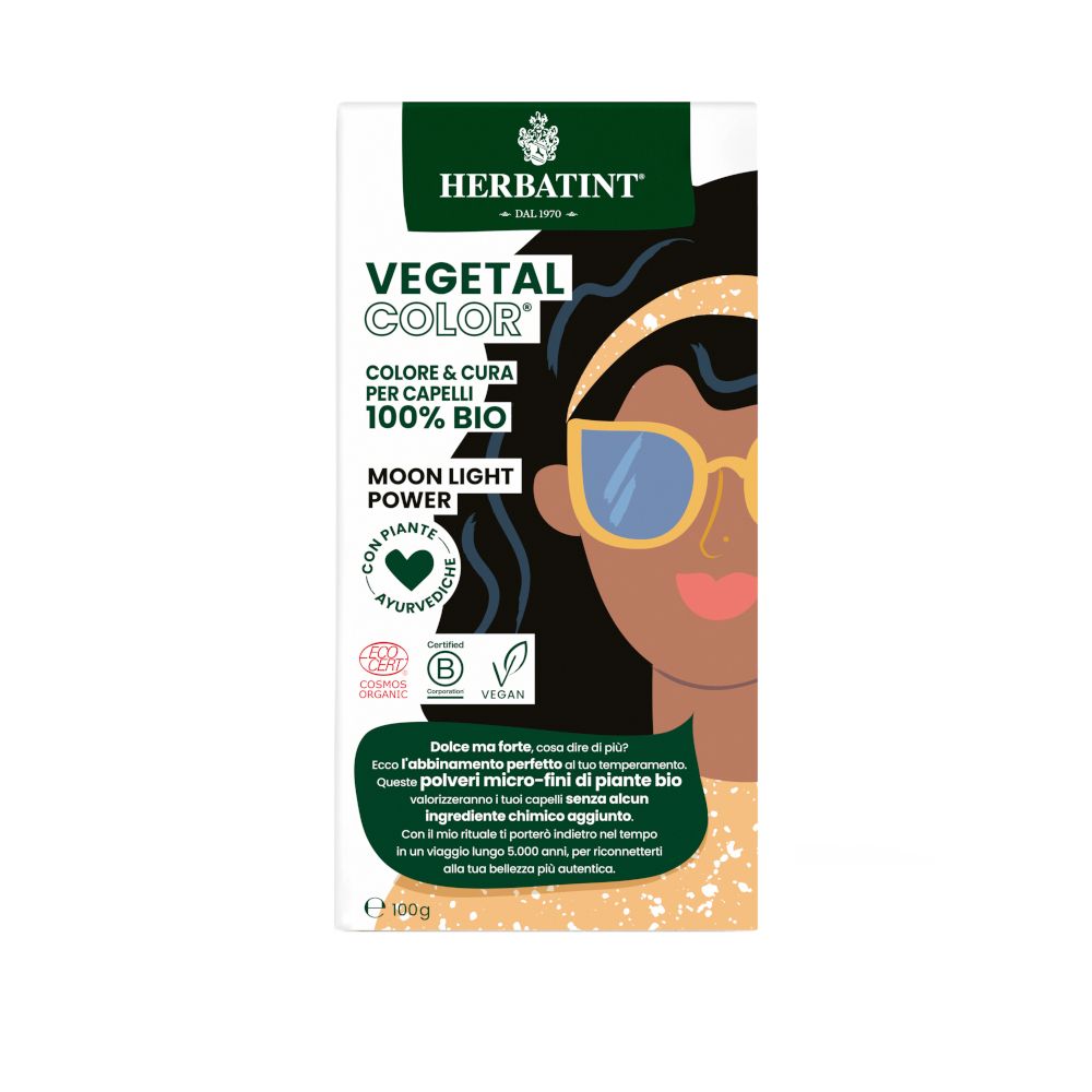 Boîte HERBATINT VEGETAL COLOR. Contient image du produit, texte et logos. 100% BIO, vegan, avec plantes. Moon Light Power.