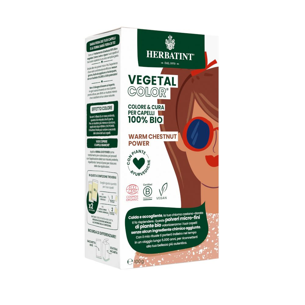 HERBATINT VEGETAL COLOR Warm Chestnut Power. Verpackung mit Produktabbildung und Text. Bio-Zertifizierung.