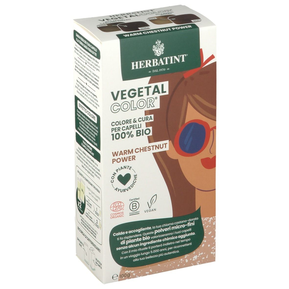 HERBATINT VEGETAL COLOR Warm Chestnut Power. Verpackung mit Produktabbildung und Text. Bio-Zertifizierung.