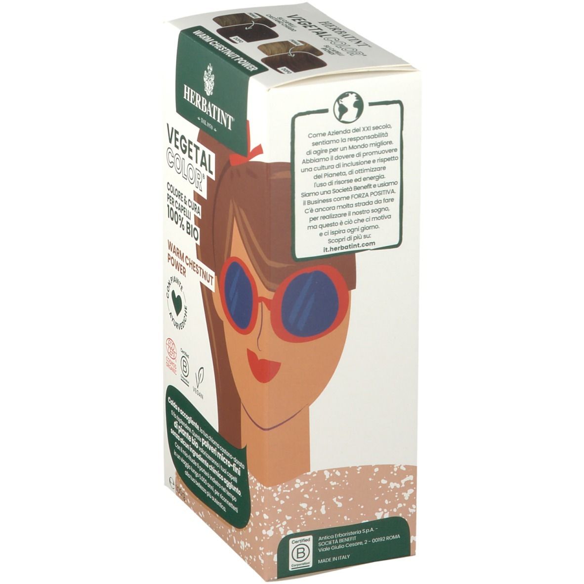 HERBATINT VEGETAL COLOR Warm Chestnut Power. Verpackung, Seitenansicht. Text und Illustrationen.