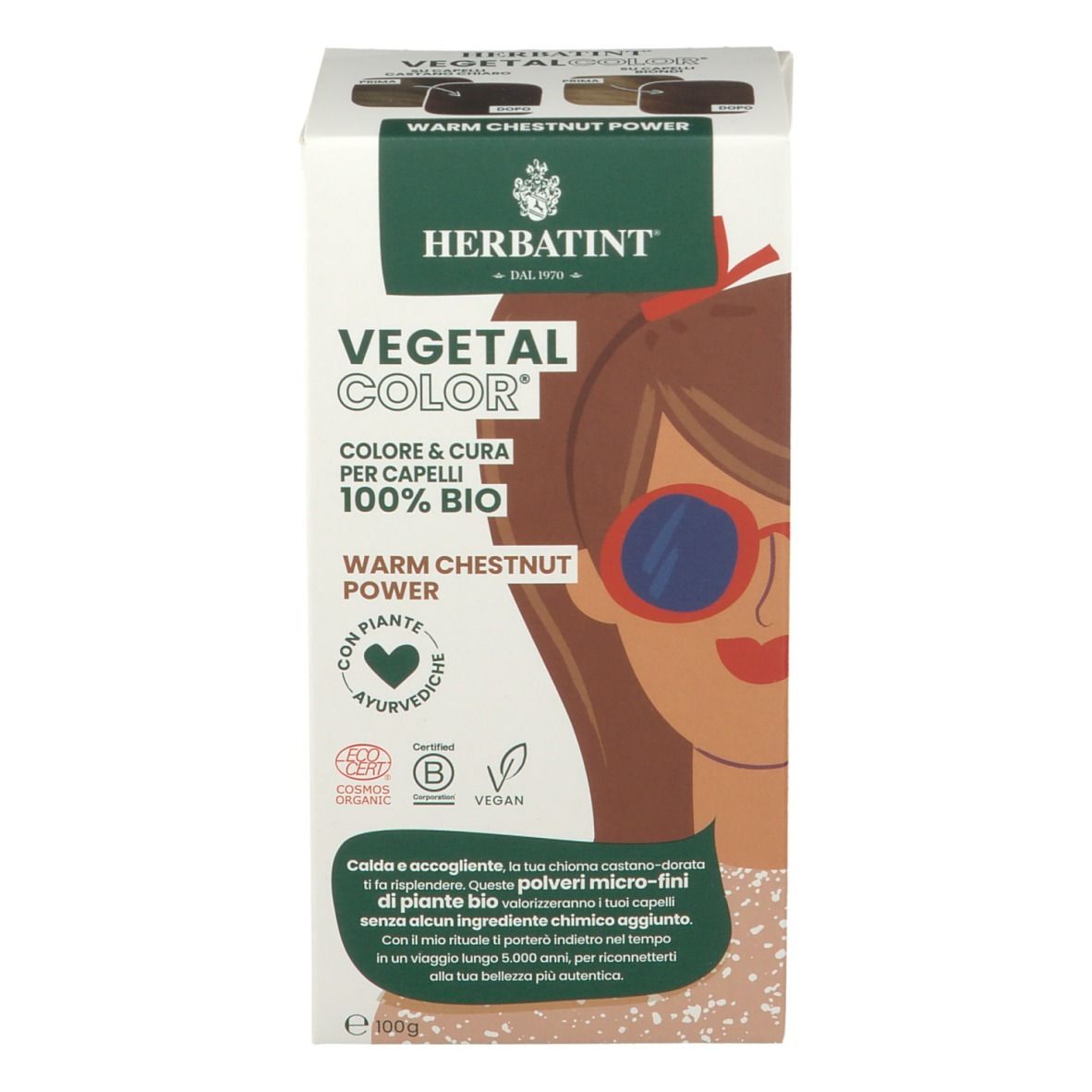 HERBATINT VEGETAL COLOR Warm Chestnut Power. Verpackung mit Produktabbildung und Text. Bio-Zertifizierung.