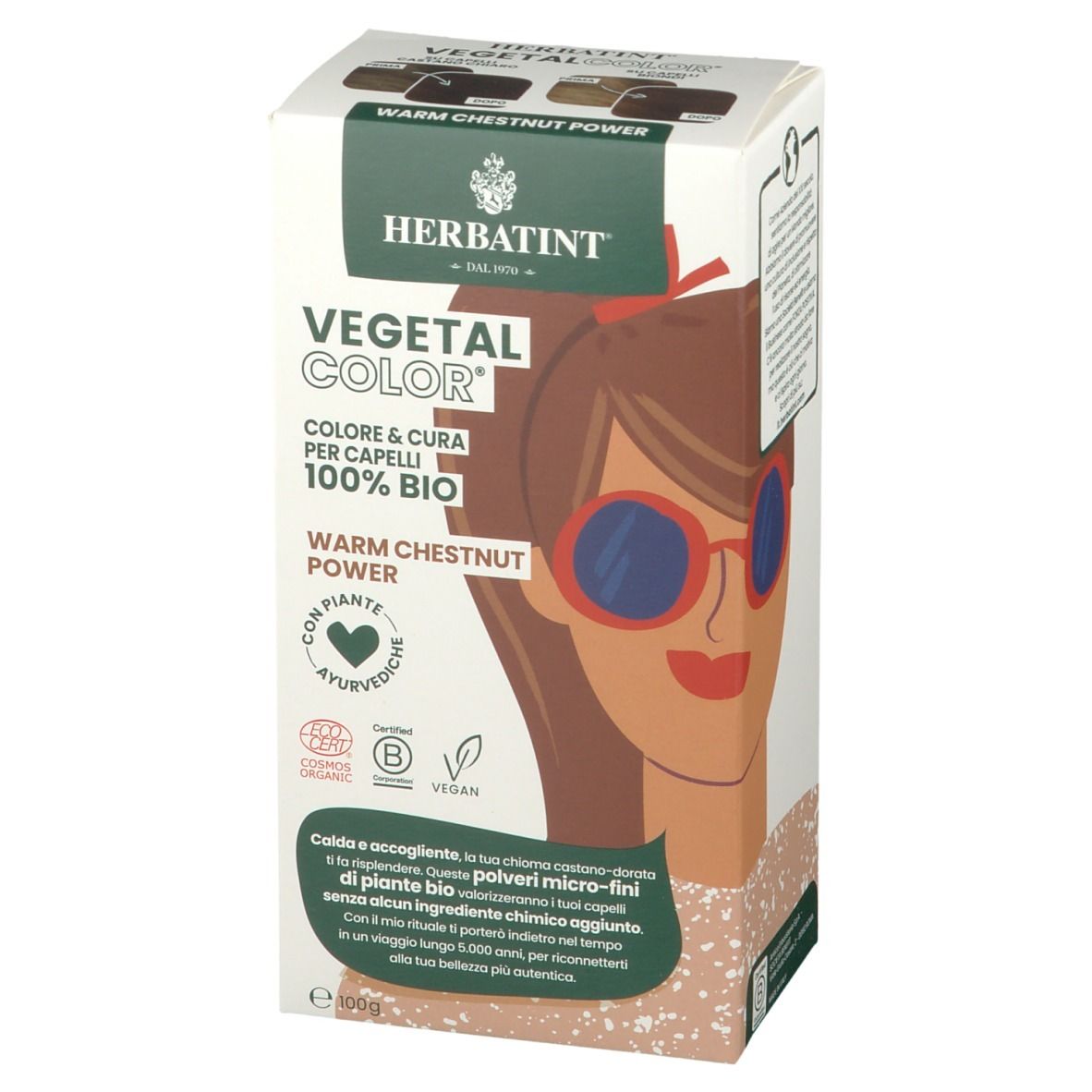 HERBATINT VEGETAL COLOR Warm Chestnut Power. Verpackung mit Produktabbildung und Text. Bio-Zertifizierung.