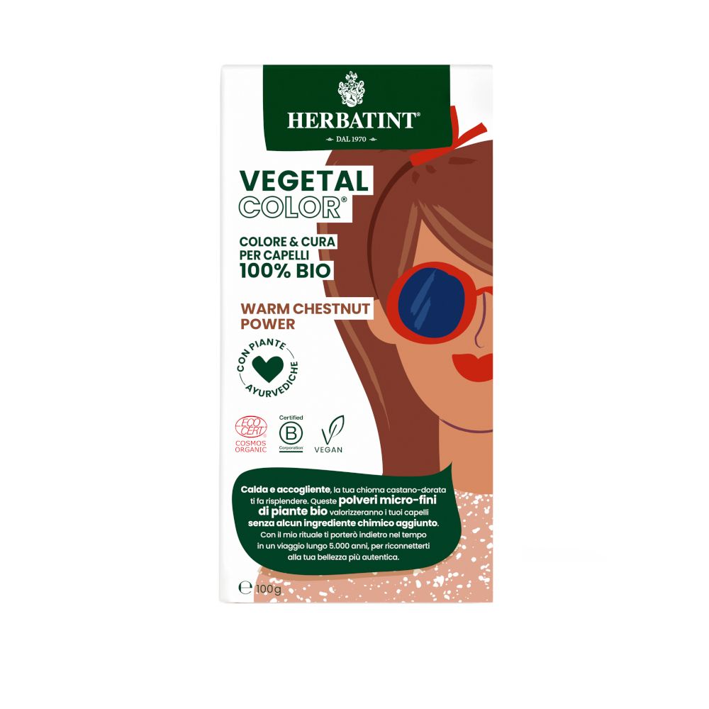 HERBATINT VEGETAL COLOR Warm Chestnut Power. Verpackung mit Produktabbildung und Text. Bio-Zertifizierung.