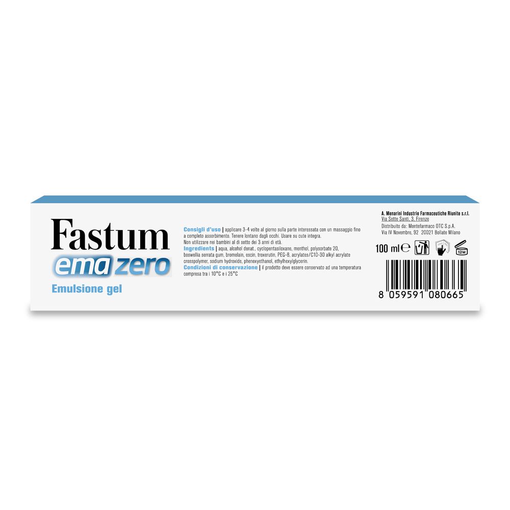 Dos de la boîte. Inscription : Fastum ema zero Emulsion gel. Avec ingrédients et code-barres.