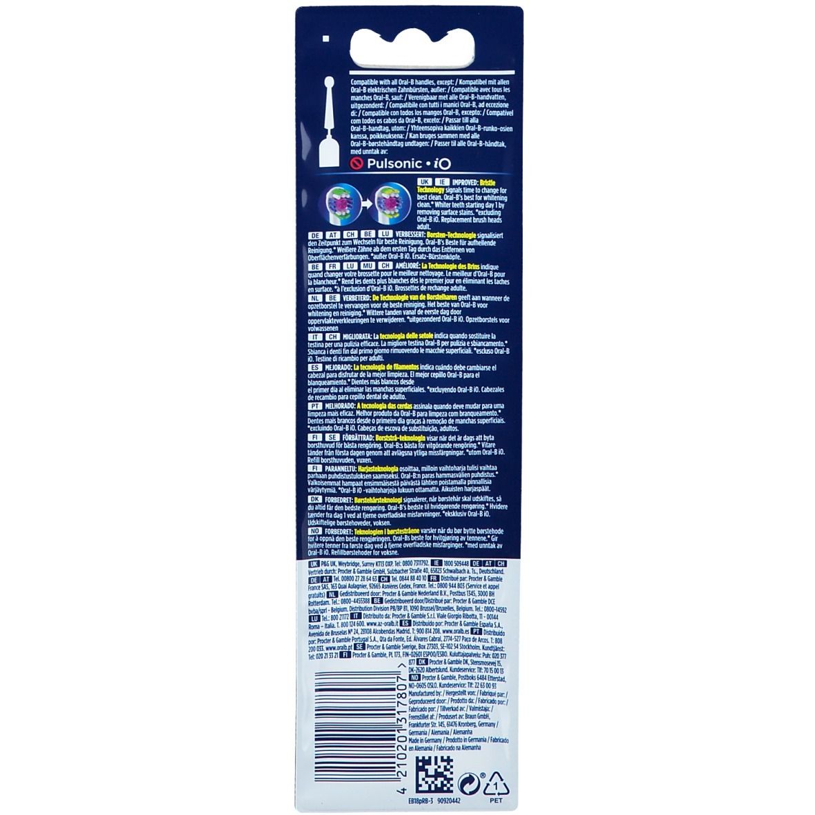 Dos de l'emballage des recharges de brosse à dents. Texte multilingue. Code-barres et logos.