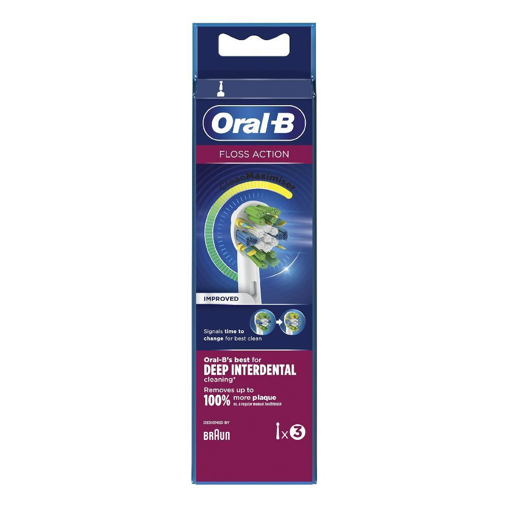 Verpackung mit drei Aufsteckbürsten. Oral-B FlossAction, CleanMaximiser. Tiefenreinigung. 1x3.