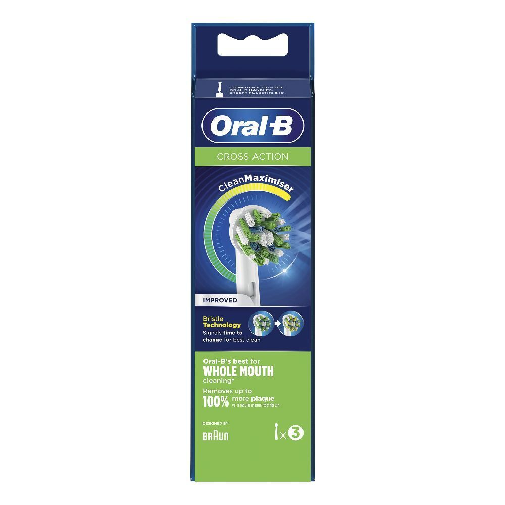 Emballage de têtes de brosse Oral-B CrossAction CleanMaximiser. Contient 3 têtes. Soies vertes et blanches, emballage bleu.