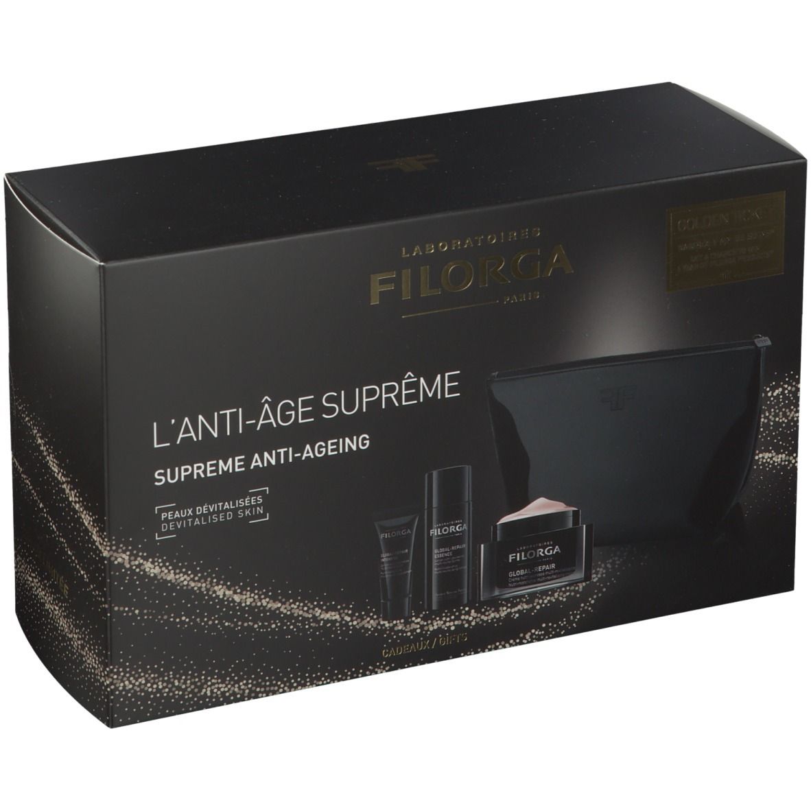 Schwarze Geschenkbox mit Text: L'ANTI-ÂGE SUPRÊME, SUPREME ANTI-AGEING. Enthält Kosmetikprodukte und eine Kosmetiktasche.
