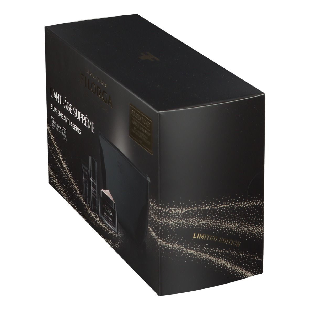 Schwarze Geschenkbox, schräg von der Seite. Text: L'ANTI-ÂGE SUPRÊME, SUPREME ANTI-AGEING. Limited Edition.