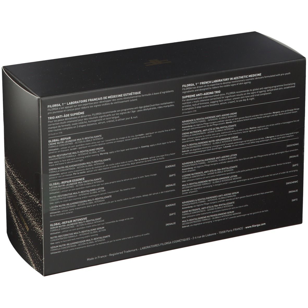 Rückseite der schwarzen Geschenkbox. Text in mehreren Sprachen. Enthält Informationen zu den Produkten.