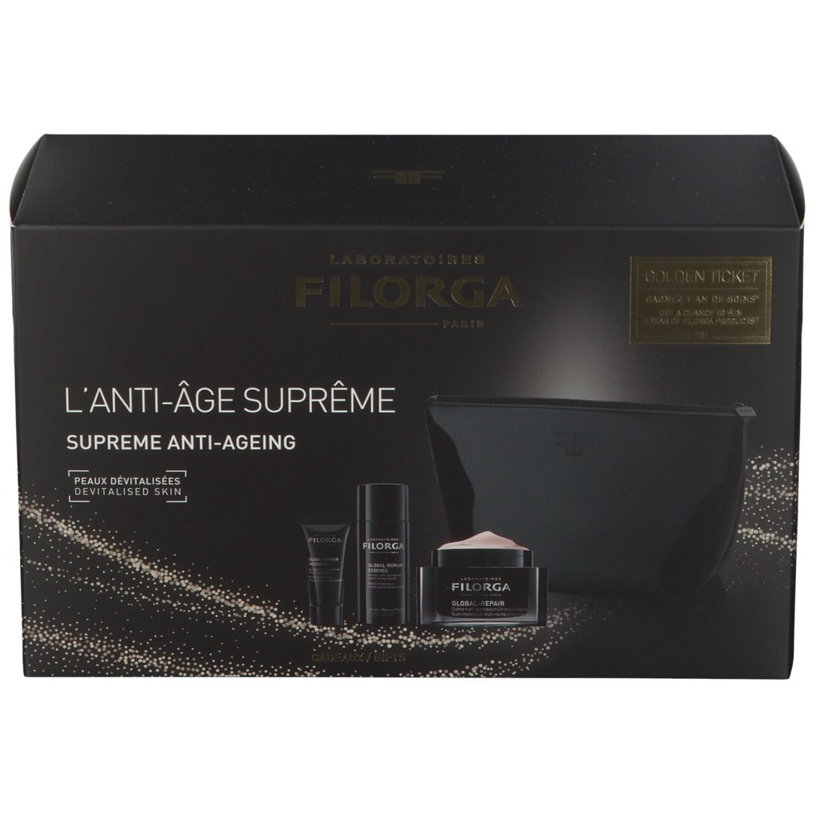 Schwarze Geschenkbox mit Kosmetikprodukten. Enthält eine Kosmetiktasche, Cremes und Flakons. Text: L'ANTI-ÂGE SUPRÊME.