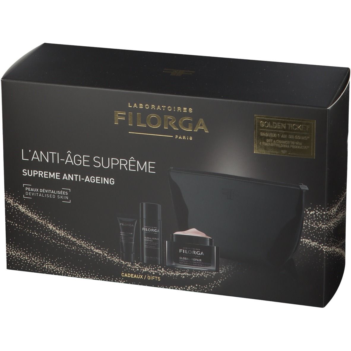 Schwarze Geschenkbox mit Kosmetikprodukten. Enthält eine Kosmetiktasche, Cremes und Flakons. Text: CADEAUX / GIFTS.