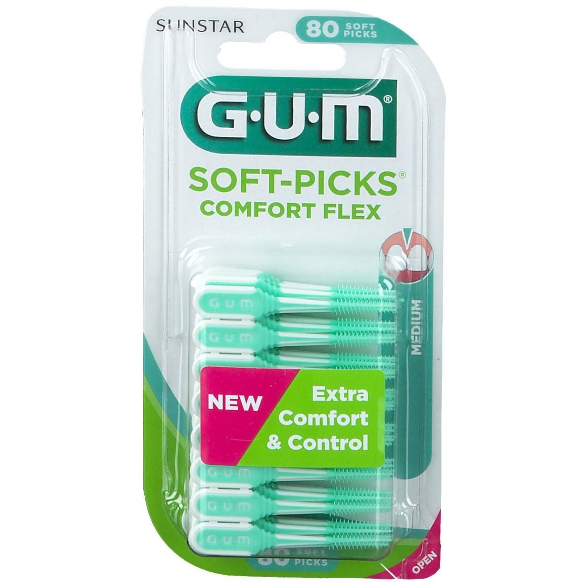 GUM Soft-Picks Comfort Flex. Paquet de 80. Têtes de brosse vertes et flexibles. Étiquette "Extra Comfort & Control".