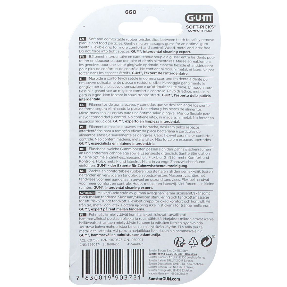 Dos du paquet GUM Soft-Picks Comfort Flex. Texte multilingue. Code-barres et informations du fabricant.